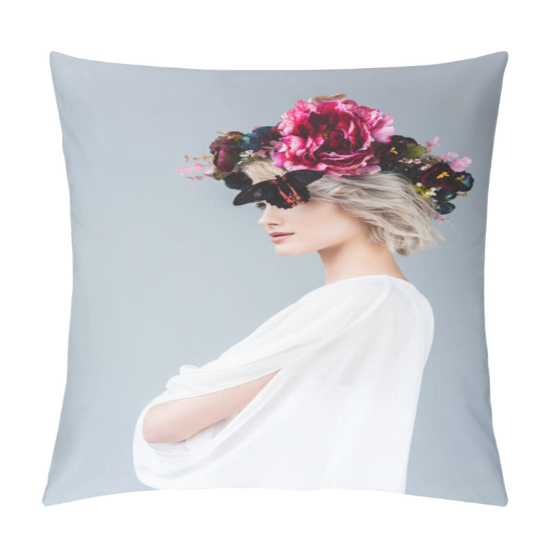 Personality  Stylish Girl Posing In White Blouse And Floral Wreath With Butterfly, Isolated On Grey Pillow Covers