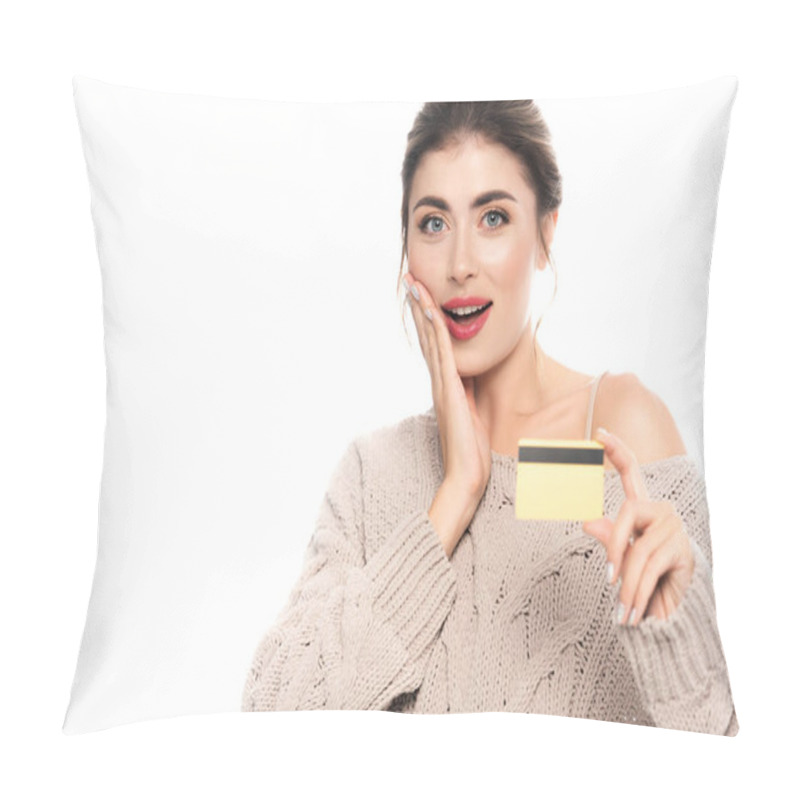 Personality  Excited Woman In Trendy Sweater Showing Credit Card While Looking At Camera Isolated On White Pillow Covers