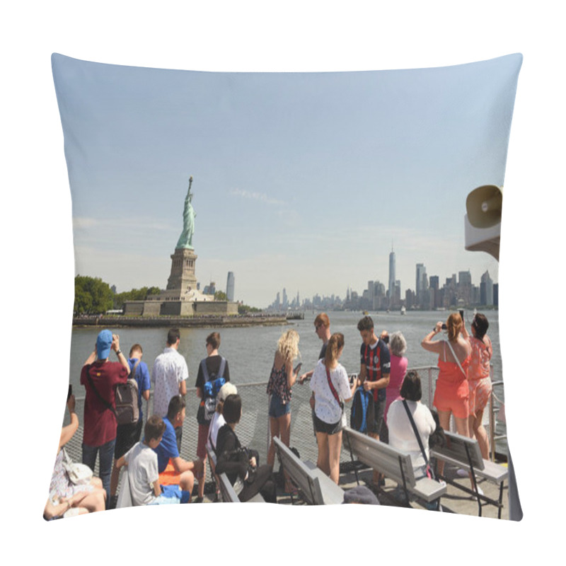 Personality  New York, USA - June 09, 2018: Passengers Of The Ferry Of Statue Cruises See And Make A Pictures Of The Statue Of Liberty. Pillow Covers