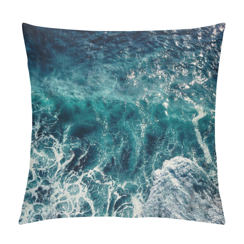 Personality  Aerial View To Waves In Ocean Splashing Waves. Blue Clean Wavy Sea Water. Seething Waves With Foam. Pillow Covers