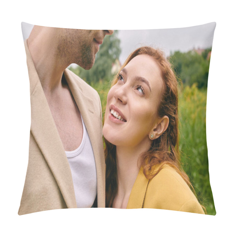 Personality  A Man And Woman, Embodying Elegance, Stand Side By Side In A Lush Green Park, Creating A Peaceful And Romantic Scene. Pillow Covers