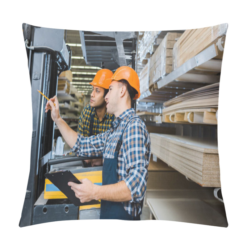 Personality  Multicultural Workers In Uniform And Plaid Shirts Working In Warehouse Pillow Covers