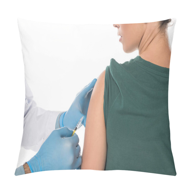 Personality  Cropped View Of Doctor Doing Vaccine Injection To Female Patient Isolated On White Pillow Covers