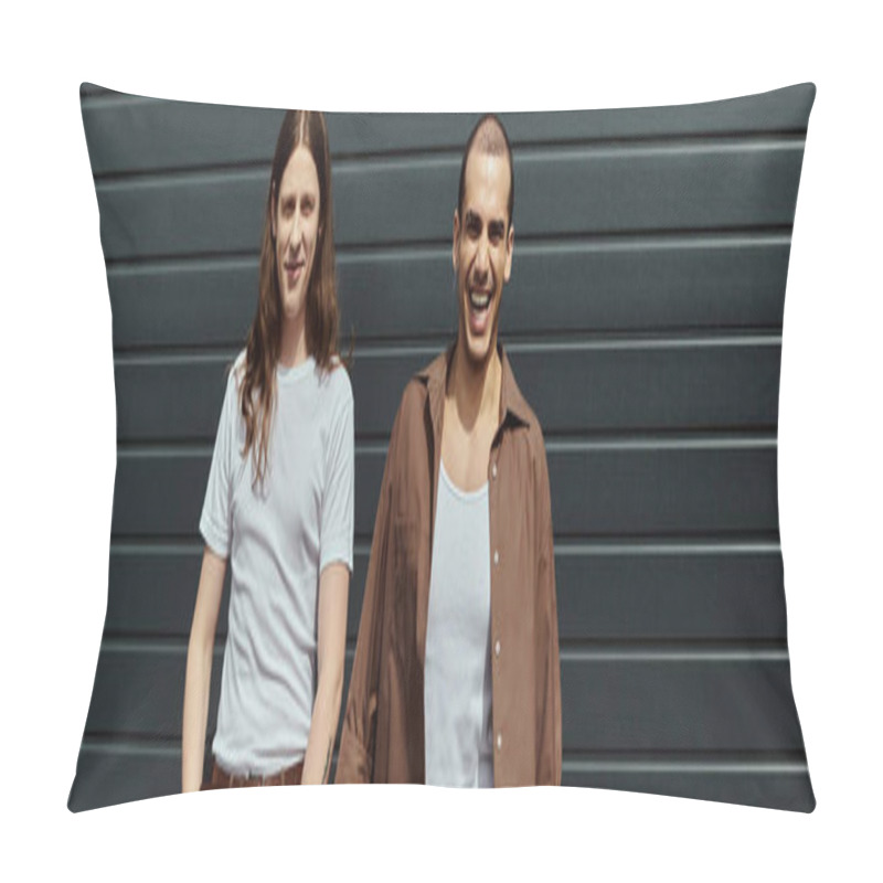 Personality  Two Individuals, A Gay Couple, Stand Side By Side Outdoors, Exuding Love And Companionship In Their Casual Attire. Pillow Covers