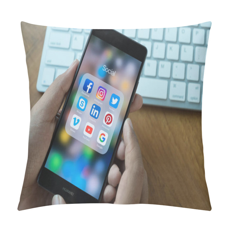 Personality  CHIANG MAI, THAILAND - MAR 28, 2018: Man Holding HUAWEI With Icons Of Social Media On Screen. Social Media Are Most Popular Tool. Smartphone Lifestyle. Starting Social Media App. Pillow Covers