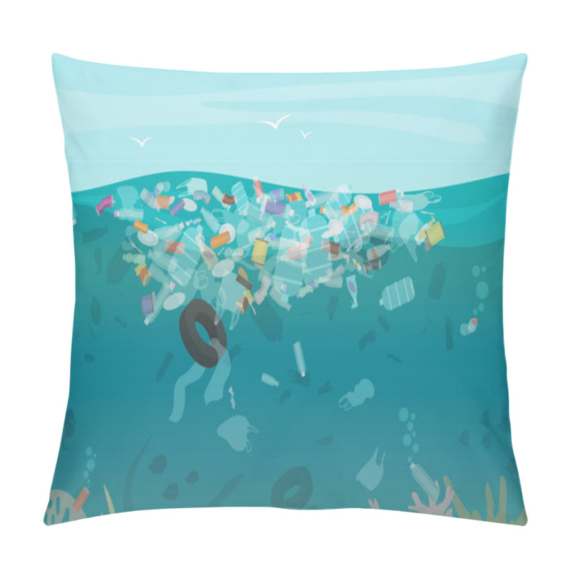 Personality  Plastic Pollution Trash Underwater Sea With Different Kinds Of Garbage - Plastic Bottles, Bags, Wastes Floating In Water. Sea Ocean Water Pollution Concept Vector Illustration. Pillow Covers