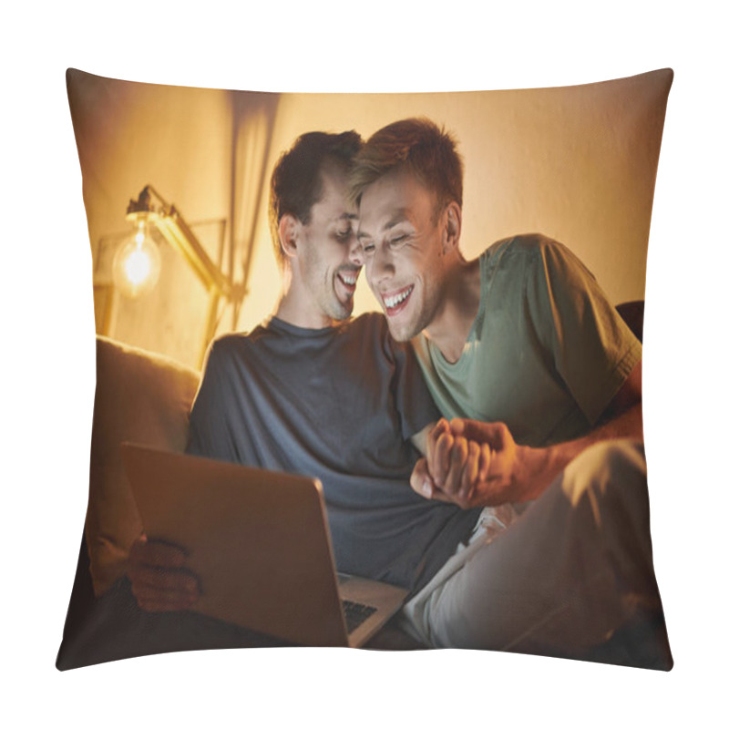 Personality  Two Men Share Laughter And Warmth While Spending Cozy Time Together. Pillow Covers