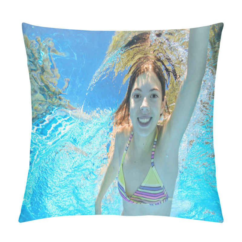 Personality  Child Swims In Pool Underwater, Happy Active Girl Has Fun In Water, Kid Sport On Family Vacation Pillow Covers