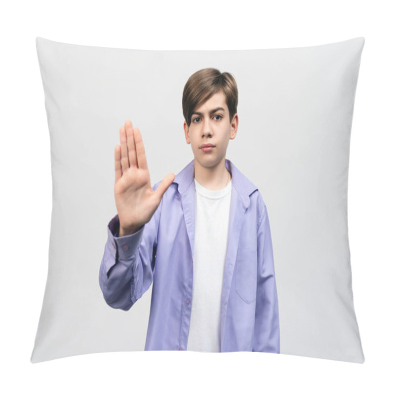 Personality  No. Serious Boy Shows Stop Prohibit Gesture, Keep Your Distance, Stay Away Back Off Sign, Standing Displeased Against Light Gray Background Pillow Covers