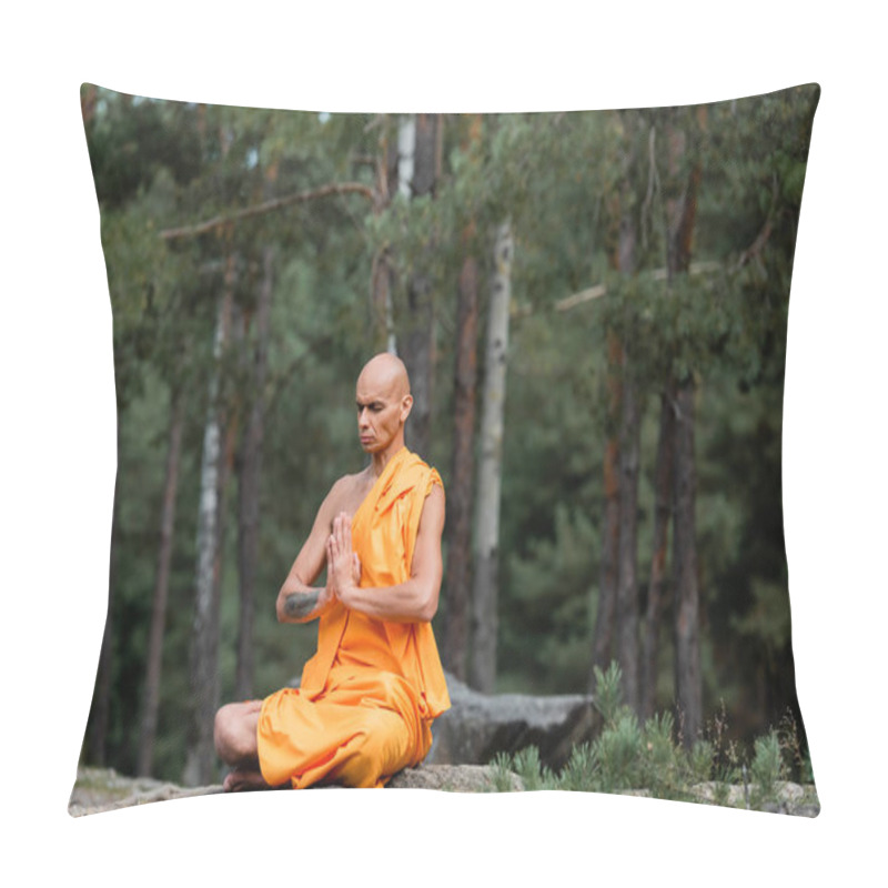 Personality  Buddhist Monk In Orange Kasaya Sitting In Lotus Pose With Praying Hands While Meditating In Forest Pillow Covers