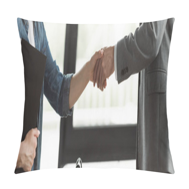 Personality  Cropped View Of Woman With Resume Shaking Hand Of Businessman In Suit In Office, Banner  Pillow Covers