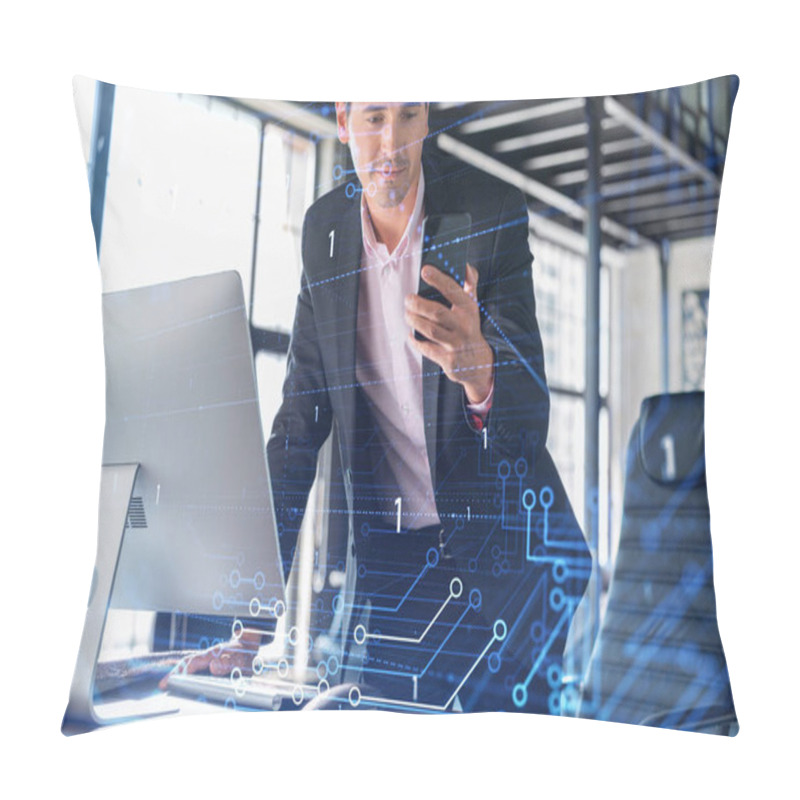 Personality  Businessman In Suit Using Smart Phone To Optimize Development By Implying New Technologies In Business Process. Interconnections And Hi Tech Hologram Over Modern Panoramic Office Background. Pillow Covers