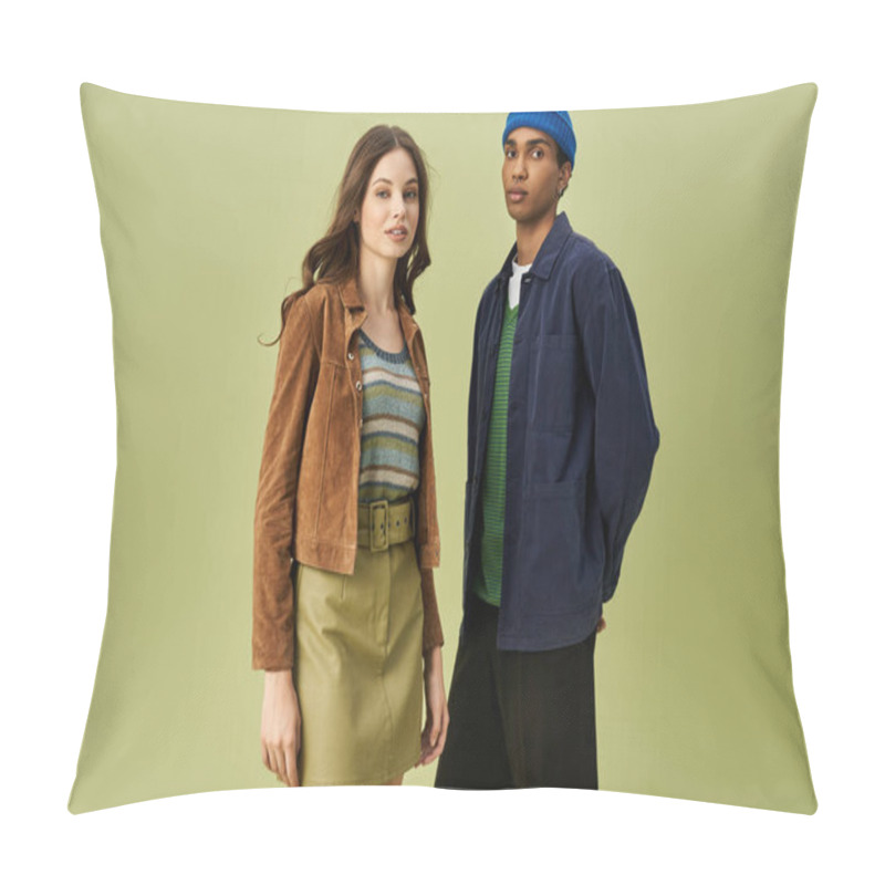 Personality  A Stylish Couple Dressed In Autumn Inspired Outfits Against A Vibrant Backdrop Captures Attention. Pillow Covers