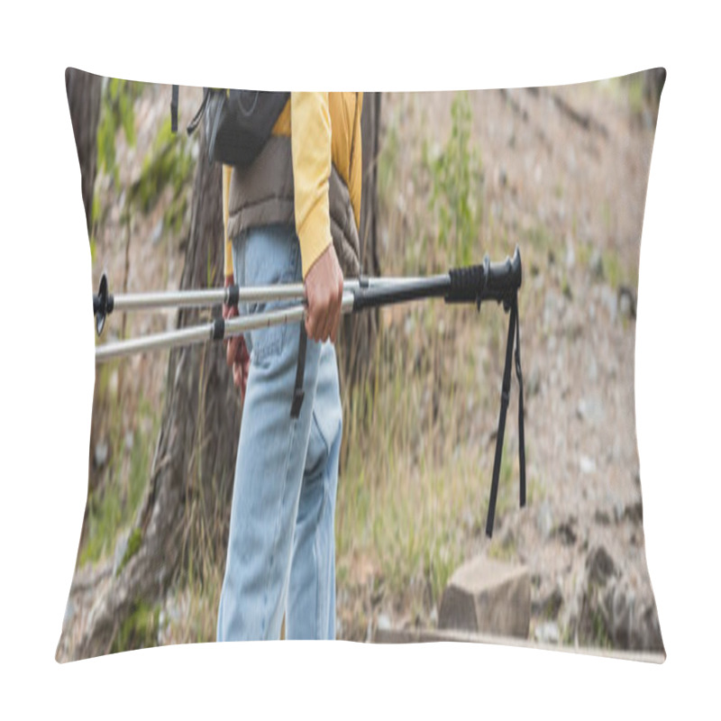 Personality  Cropped View Of Hiker Holding Trekking Poles While Walking In Forest, Banner Pillow Covers