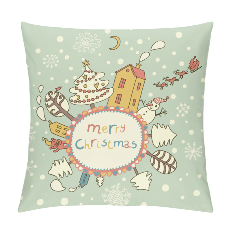 Personality  Christmas Background. Cartoon New Year Illustration With Santa And His Deers, Funny Bear, Snowman And Magic Forest Under Snowfall. Pillow Covers