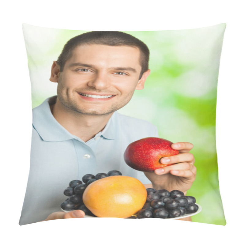 Personality  Smiling Man With Plate Of Fruits, Outdoors Pillow Covers