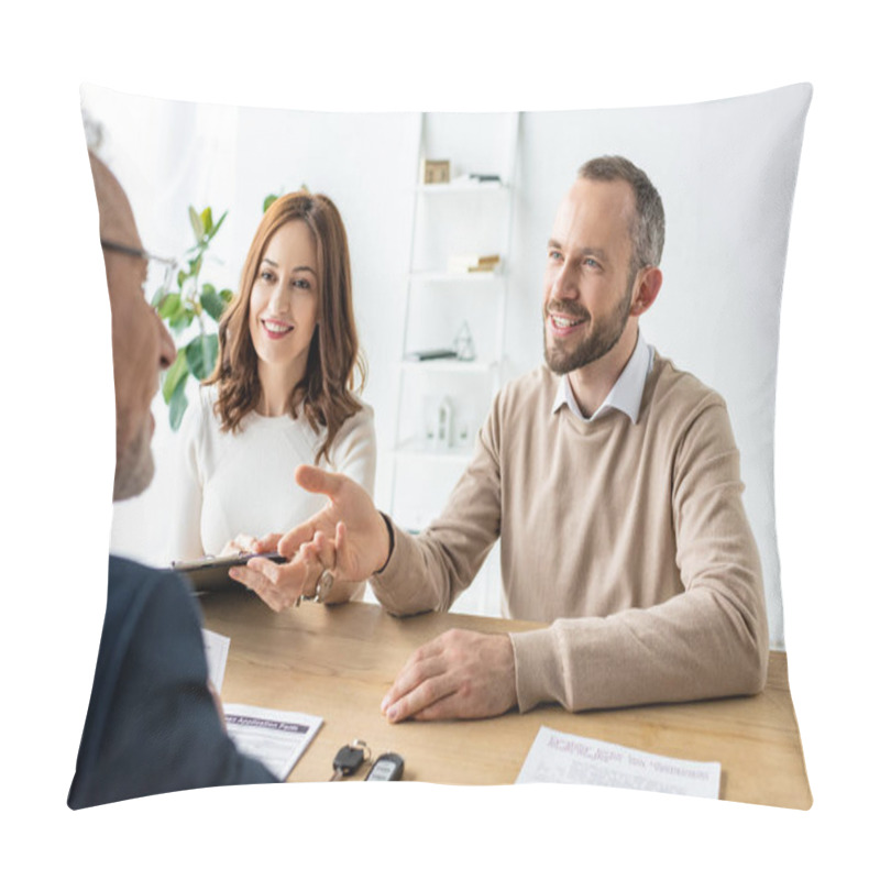 Personality  Happy Man Gesturing Near Woman With Clipboard And Car Dealer  Pillow Covers