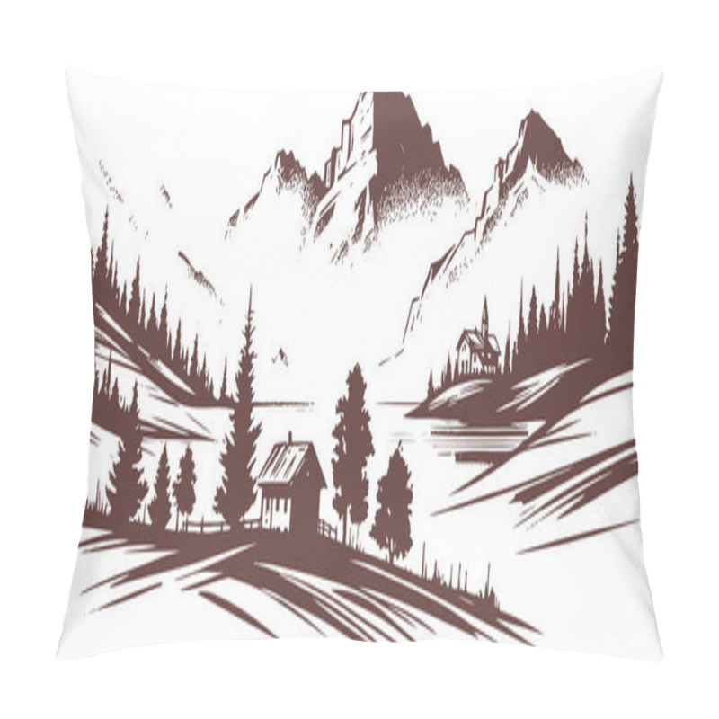 Personality  Alpine Lake Serenity A Brown Ink Illustration Of A Peaceful Mountain Retreat Pillow Covers