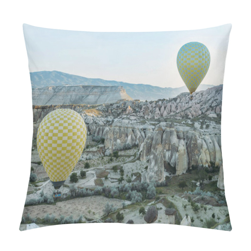 Personality  Front View Of Two Hot Air Balloons Flying Over Stone Formations In Valley Of Cappadocia, Turkey Pillow Covers