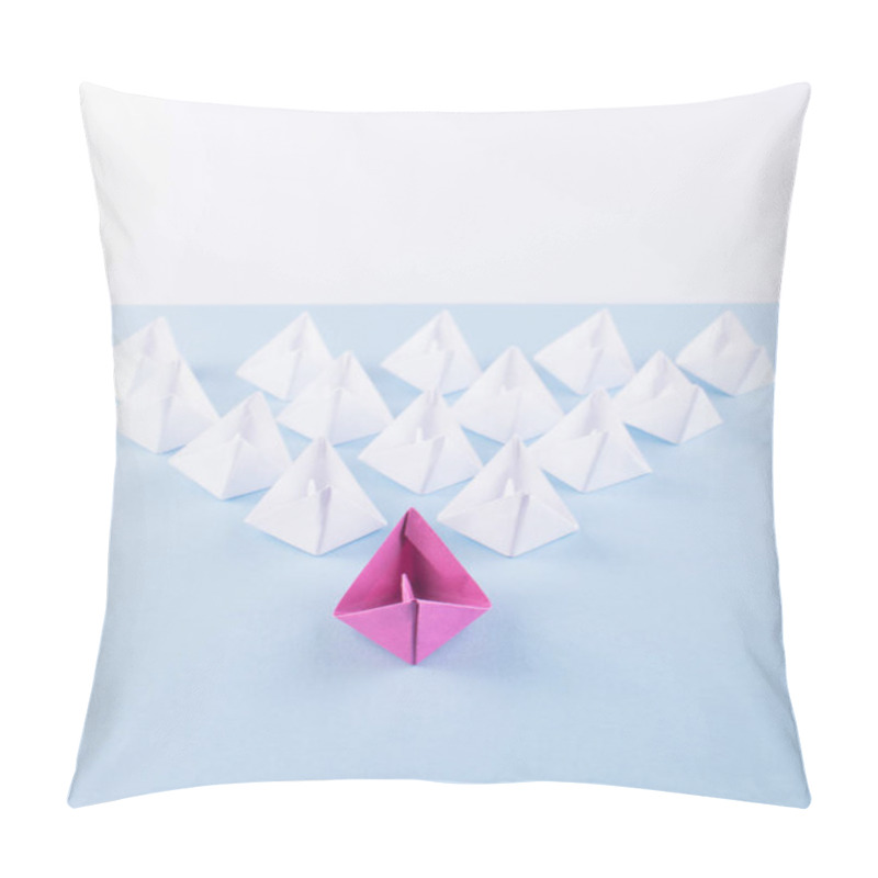 Personality  One Unique Pink Paper Boat Among Many Ones. Different Paper Ships As Individuality And Leadership Concept Pillow Covers