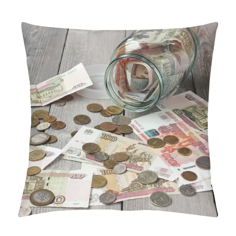 Personality  Glass Jar And Russian Money On The Wooden Floor. Pillow Covers