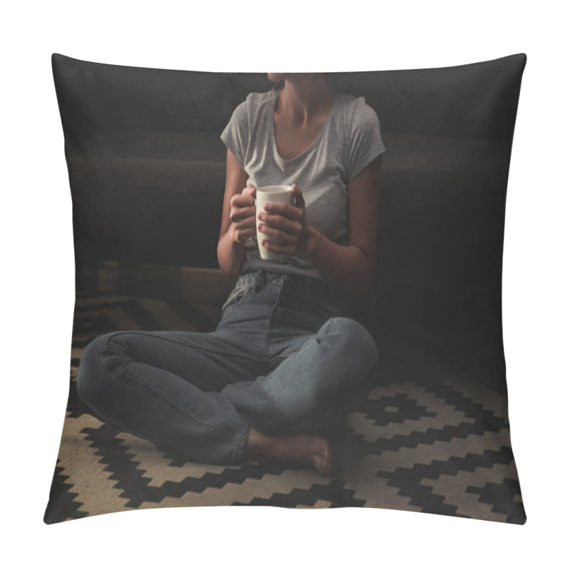 Personality  Cropped View Of Sad Woman With Coffee Cup Sitting On Floor At Home Pillow Covers