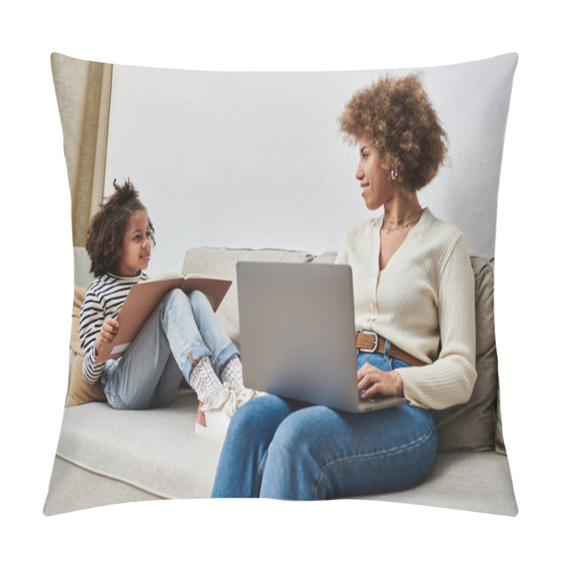 Personality  Happy African American Mother And Daughter Sitting On A Couch, Using A Laptop Together At Home. Pillow Covers