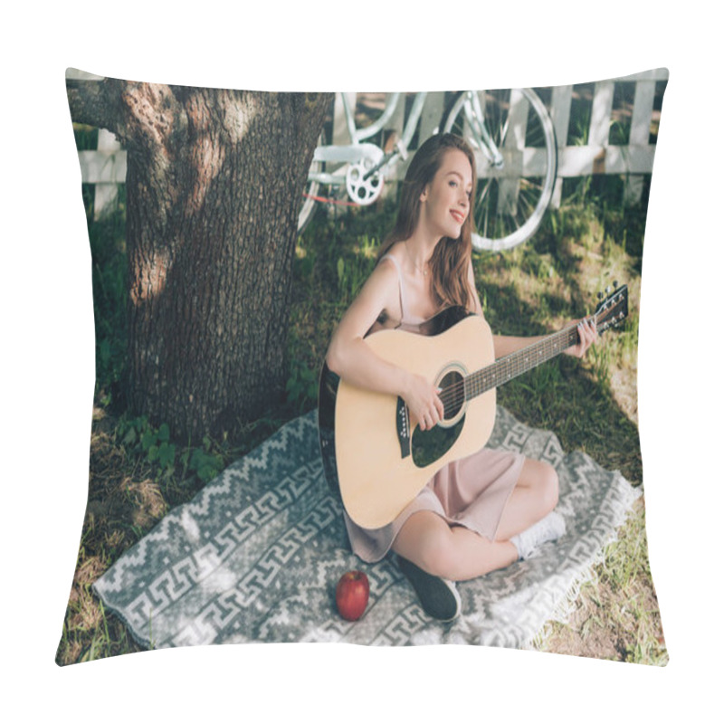 Personality  Attractive Young Woman Playing Acoustic Guitar While Resting On Blanket Under Tree At Countryside Pillow Covers