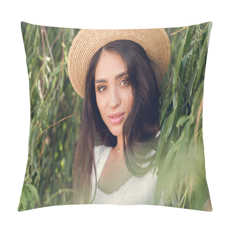 Personality  Portrait Of Attractive Brunette Girl In Straw Hat Posing Near Willow Tree Pillow Covers