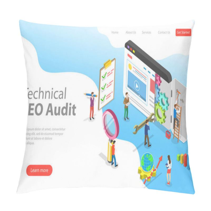 Personality  Isometric Flat Vector Landing Page Template Of Technical SEO Audit. Pillow Covers