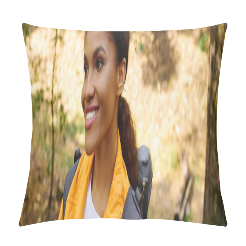 Personality  A Young African American Woman Enjoys A Refreshing Hike Amidst Autumn Foliage In A Lush Forest. Pillow Covers