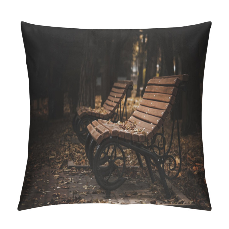 Personality  Empty Wooden Bench In A Dark Evening Autumn Park  Pillow Covers