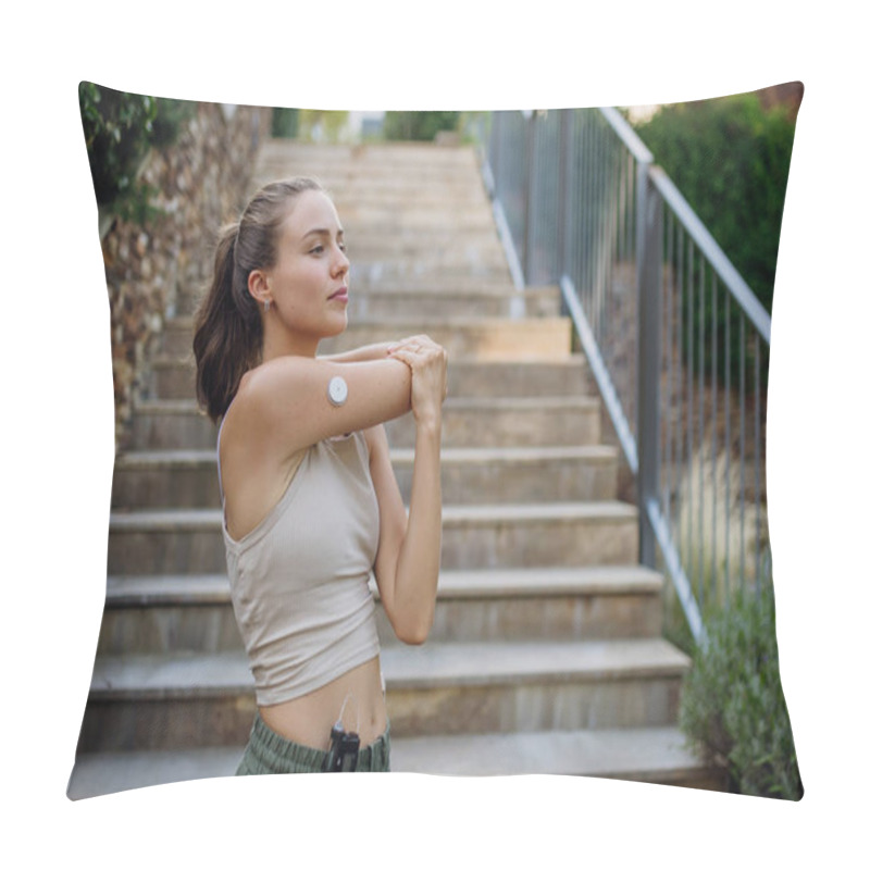 Personality  Beautiful Diabetic Woman Preparing For Outdoor Run In The City. Young Woman Wearing An Insulin Pump During Exercising. Concept Of Exercise And Diabetes. Pillow Covers