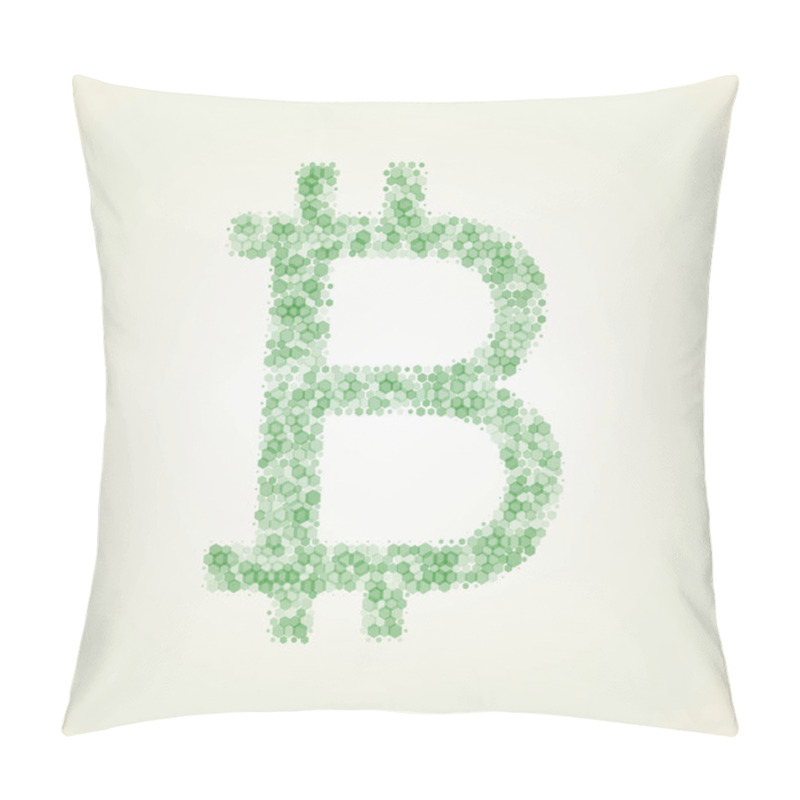 Personality  Bitcoin Sign. Vector. Green Hexagon Rastered Icon And Noised Opacity And Size At Light Green Background With Central Light. Pillow Covers