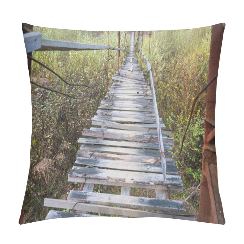 Personality  An Old, Broken Suspension Bridge Stretches Across A River, Creating A Sense Of Adventure And Danger. The Deteriorating Wooden Planks Add An Atmosphere Of Risk And Mystery In A Scenic, Rural Landscape Pillow Covers