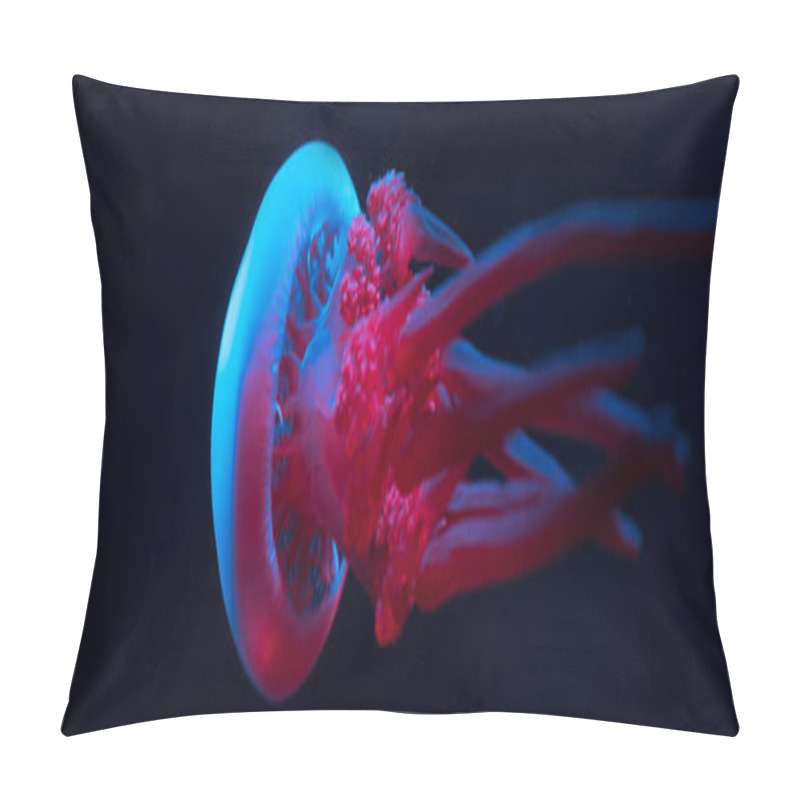 Personality  Panoramic Shot Of Jellyfish In Blue And Pink Neon Lights On Black Background Pillow Covers