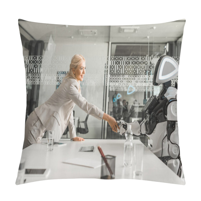 Personality  Smiling Businesswoman Shaking Hands With Robot Sitting At Desk In Meeting Room Pillow Covers