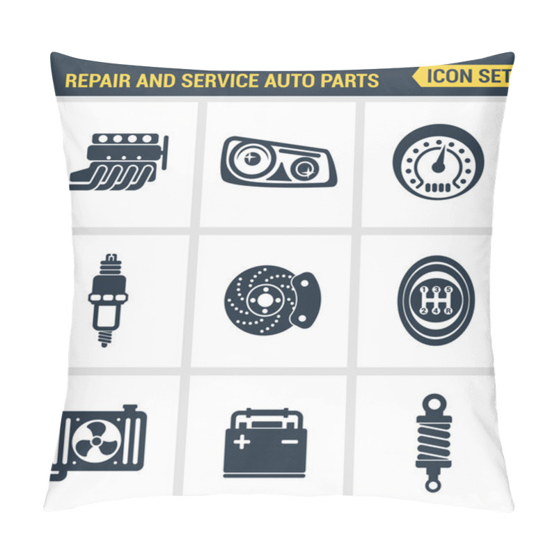 Personality  Icons Set Premium Quality Of Repair And Service Auto Parts Automotive Tools Garage. Modern Pictogram Collection Flat Design Style Symbol Collection. Isolated White Background. Pillow Covers