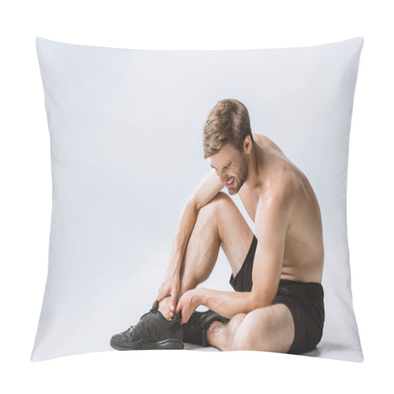 Personality  Shirtless Bearded Sportsman With Ankle Pain On Grey Pillow Covers