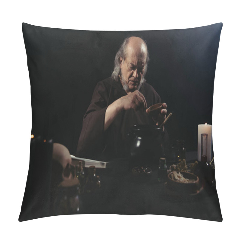 Personality  Medieval Alchemist Preparing Magic Potion At Night Isolated On Black Pillow Covers