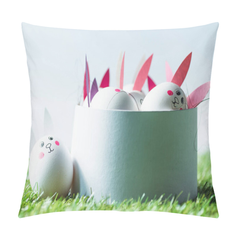 Personality  Box With Ester Eggs With Funny Bunny Faces And Paper Ears On White Pillow Covers