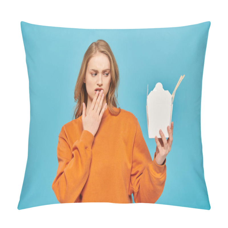 Personality  A Stunning Blonde Woman Delicately Holds Box Of Asian Food In Her Hand, Conveying A Message Of Positivity And Inspiration. Pillow Covers