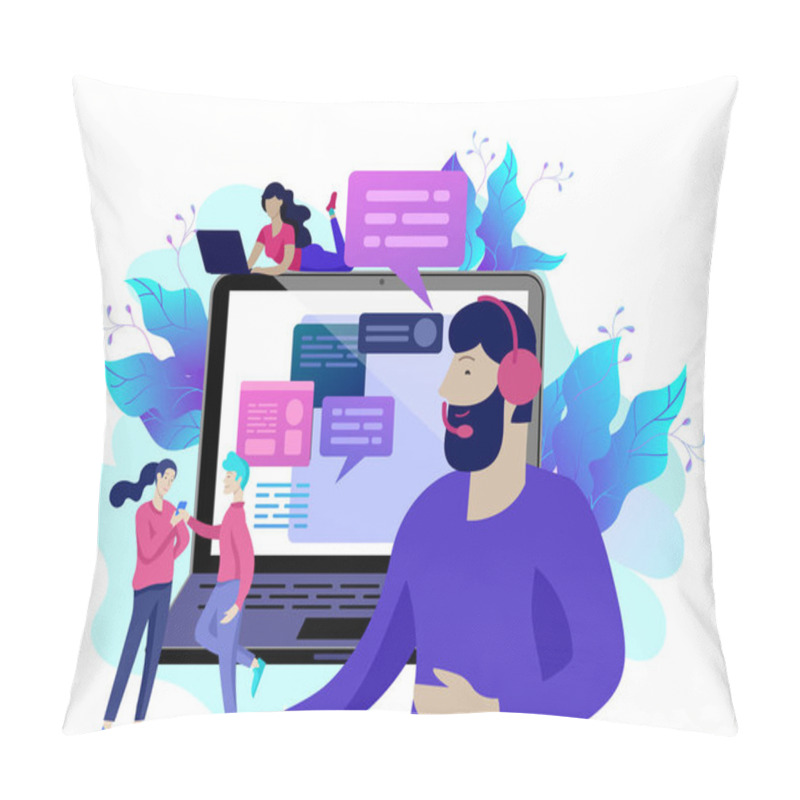 Personality  Concept Landing Page Template Customer Service, Male Hotline Operator Advises Client Pillow Covers