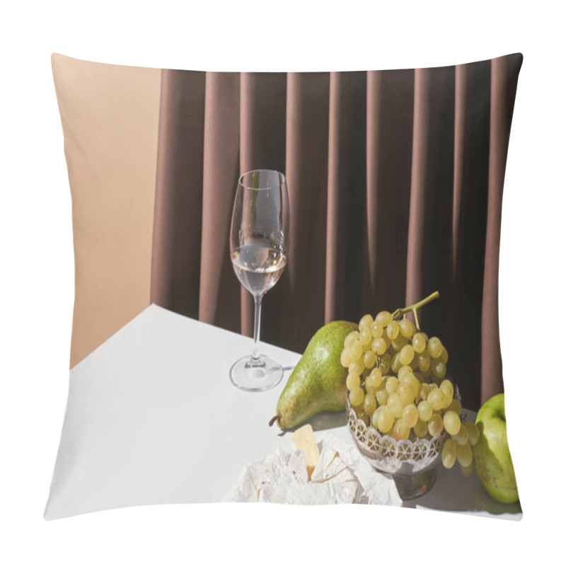 Personality  Classic Still Life With Camembert Cheese, White Wine And Fruits On Table Near Curtain Isolated On Beige Pillow Covers