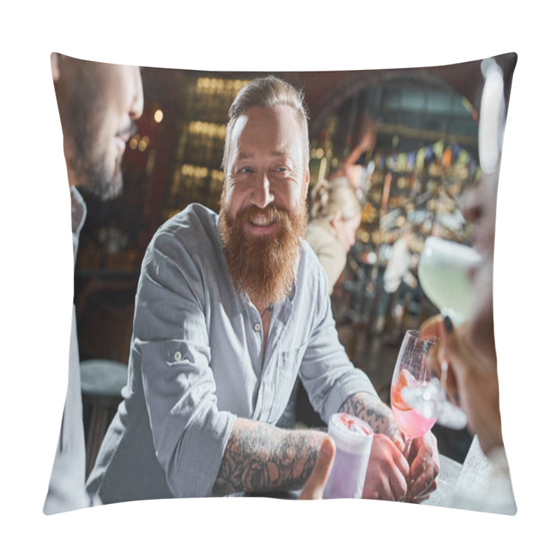 Personality  Tattooed Bearded Man With Cocktail Glass Smiling Near Multiethnic Colleagues In Bar, Party Time Pillow Covers