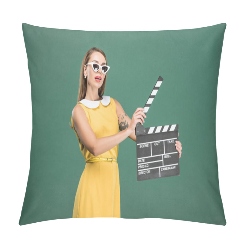 Personality  Beautiful Stylish Woman In Yellow Dress And Sunglasses Holding Film Clapperboard Isolated On Green Pillow Covers