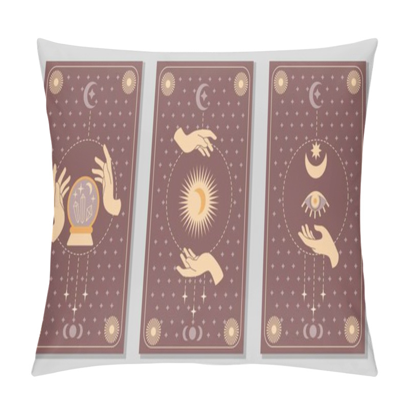 Personality  Mystic Boho Set Of Female Hands And Symbols, Crescent Moon, Crystal Ball, Eye, Star, Sun For Tarot Card. Vector Magic Flat Illustration. Trendy Minimalist Signs For Design Of Cosmetics, Background Pillow Covers