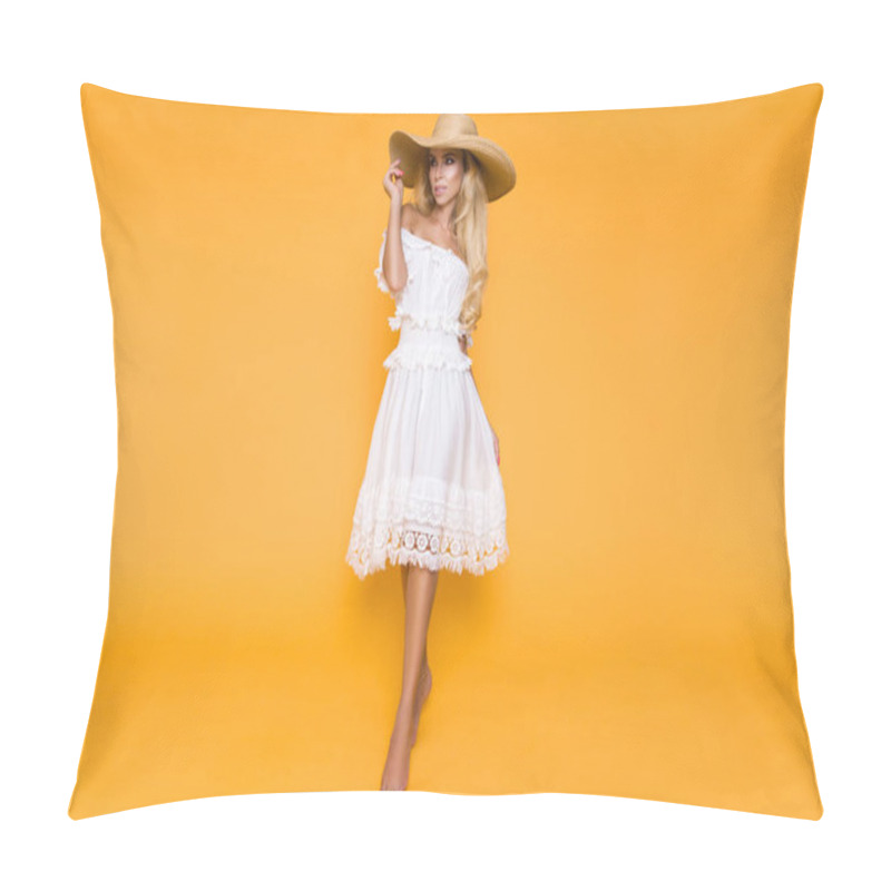 Personality  Beautiful Woman With Long Blond Hair, Wearing A White Dress And Hat. Pillow Covers