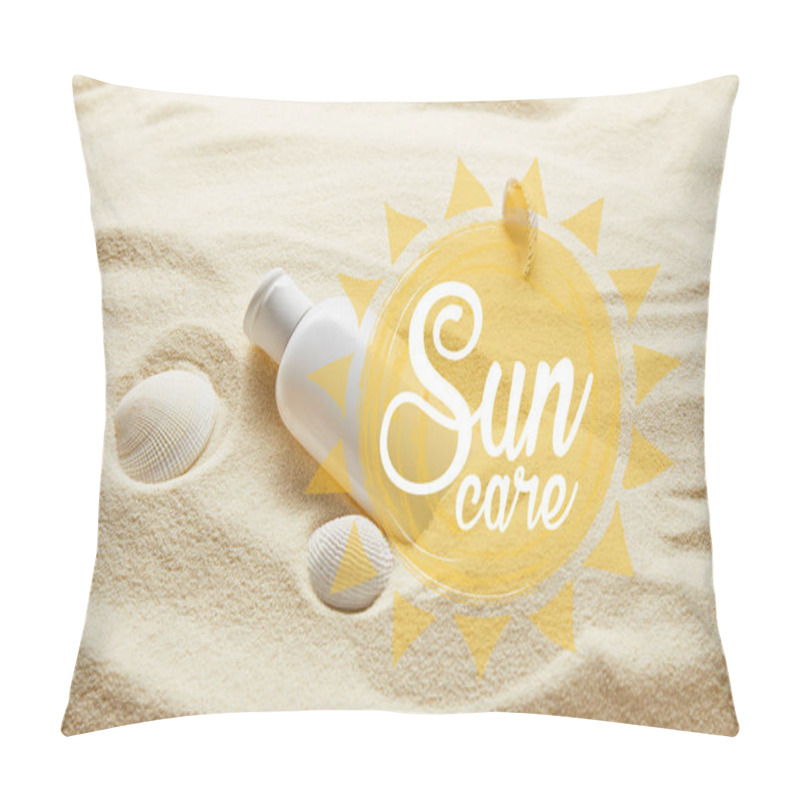 Personality  Sunscreen In White Bottle On Sand With Seashells And Sun Care Lettering Pillow Covers