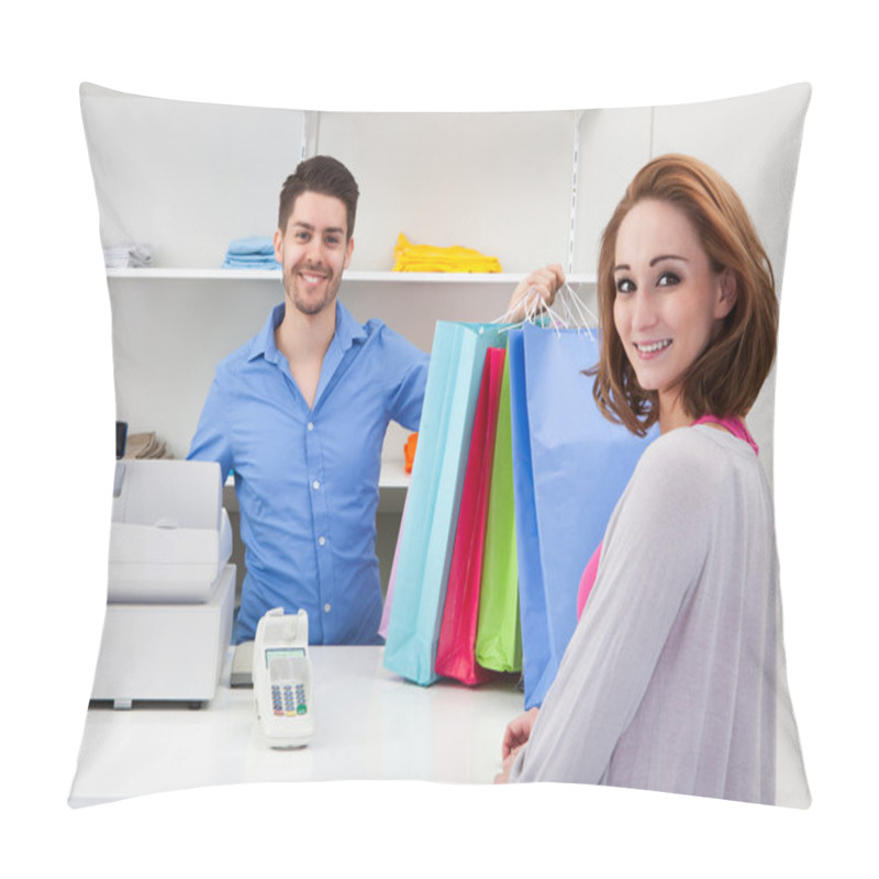 Personality  Cashier Handing Over Shopping Bag To Customer Pillow Covers